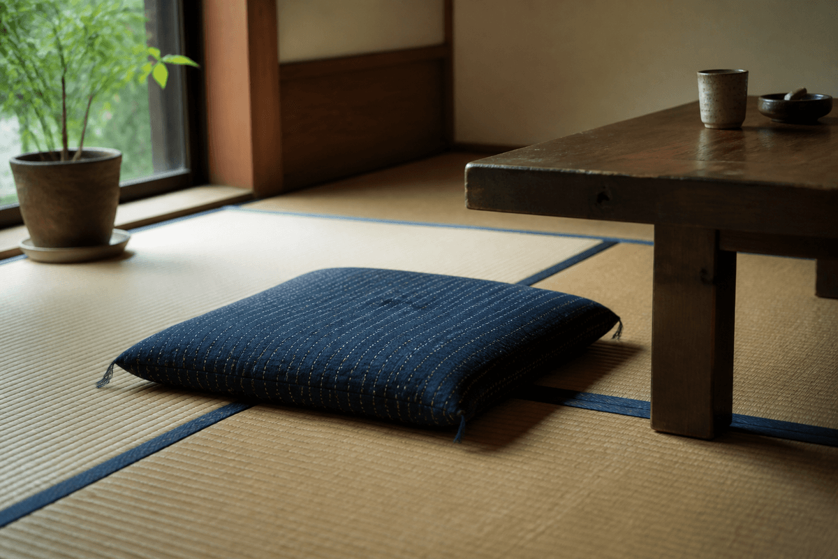 A square indigo zabuton placed on tatami beside a low wooden table
